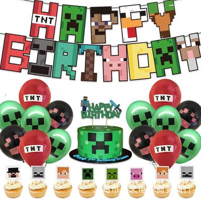 В наличии: Новые товары для дня рождения в стиле Майнкрафт, включая пиксельные бумажные тарелки, стаканы и вымпелы.