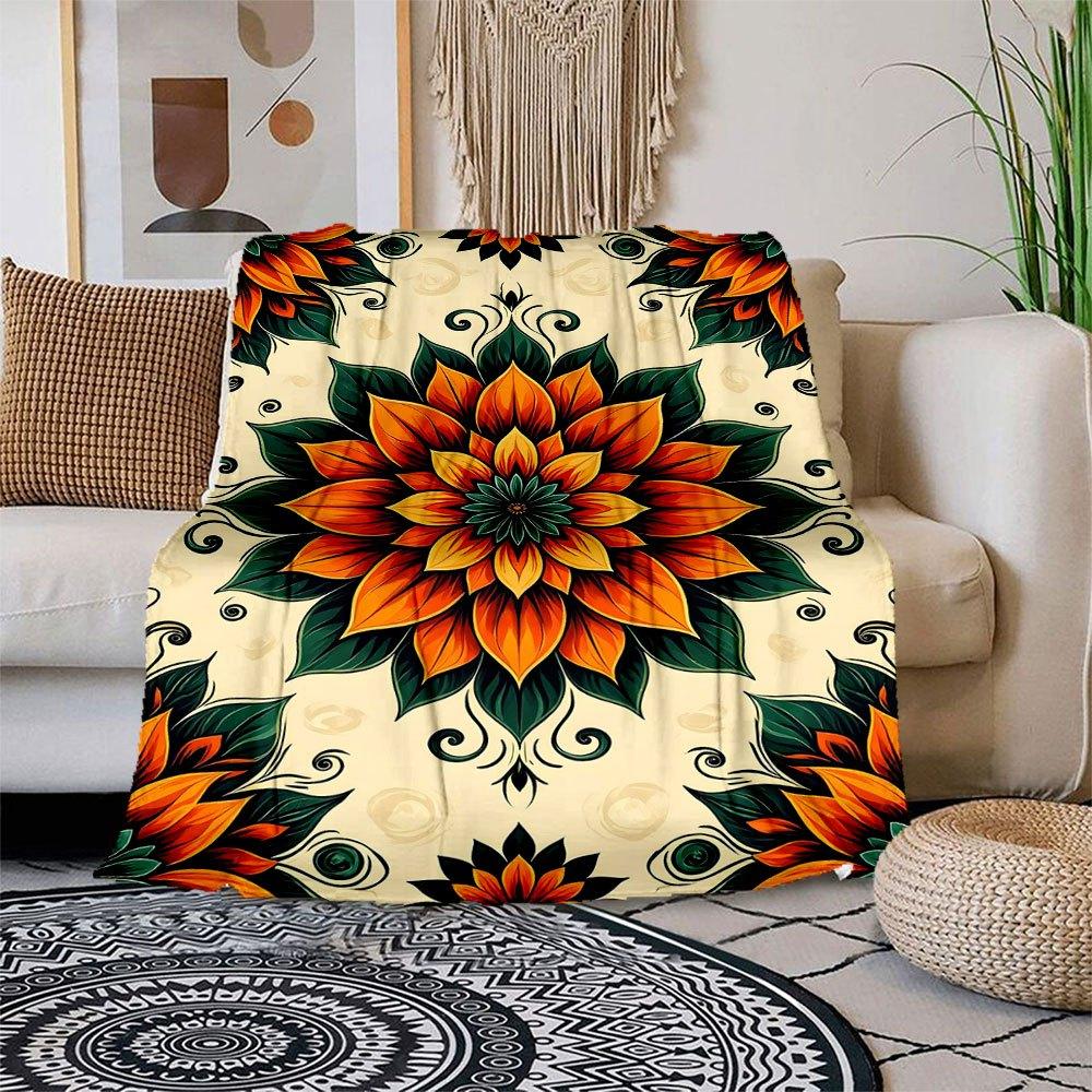 "Bohemian Floral Tapestry: Vibrant Orange & Green Decorative Wall Hanging"Blanket Flannel Throw Blanket for Sofa, Bed, Travel, Camping, Offi