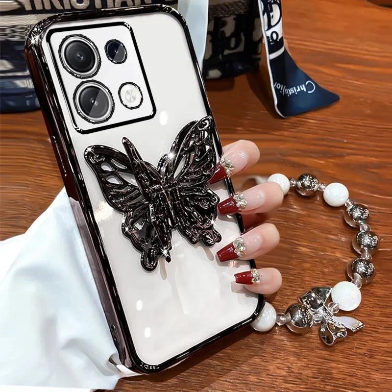 3D Butterfly Phone Holder Bead Bracelet Glitter Plating Case for Xiaomi Redmi Note 13 12 11 10 9 8 11S 10S 9S Pro Plus 4G 5G