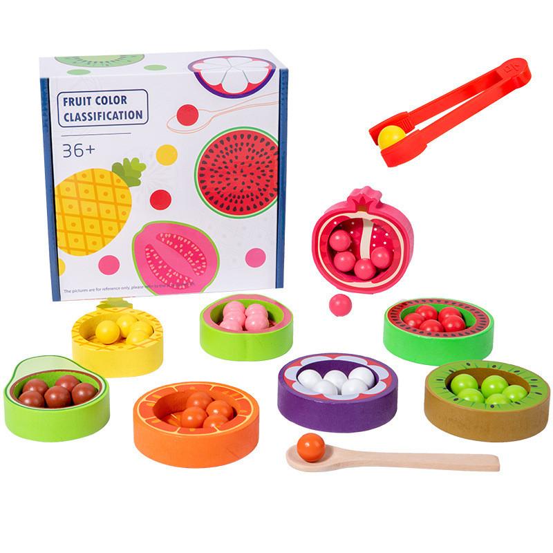 Educational Wooden Color Matching Toy With Fruit Bead Clips For Early Learning