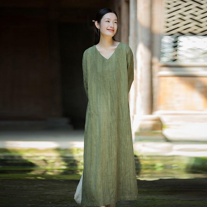 Johnature Женское винтажное платье с V-образным вырезом и длинным рукавом, осеннее свободное женское платье А-силуэта в китайском стиле