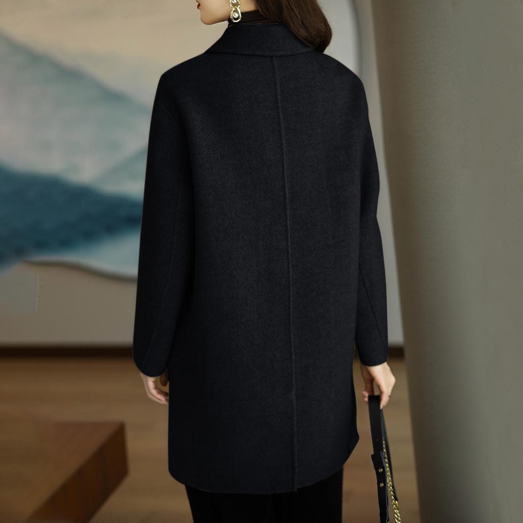 Women's Solid Color Long Sleeve Double Breasted Mid Length Pocket Woolen Coat