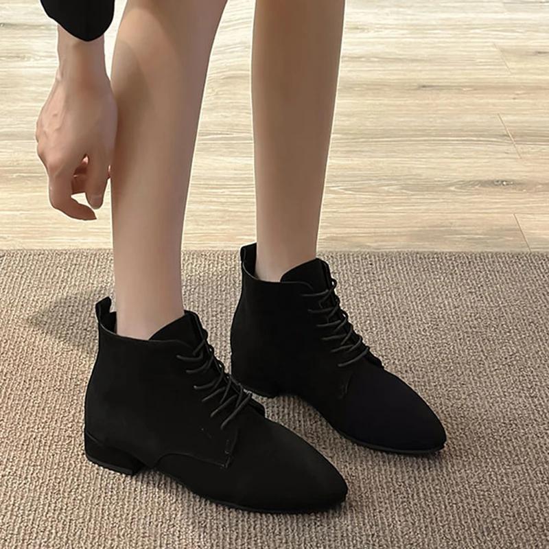 Женские замшевые ботильоны, осенние ботинки в британском стиле на низком каблуке, женские модные короткие ботинки на шнуровке и толстом каблуке