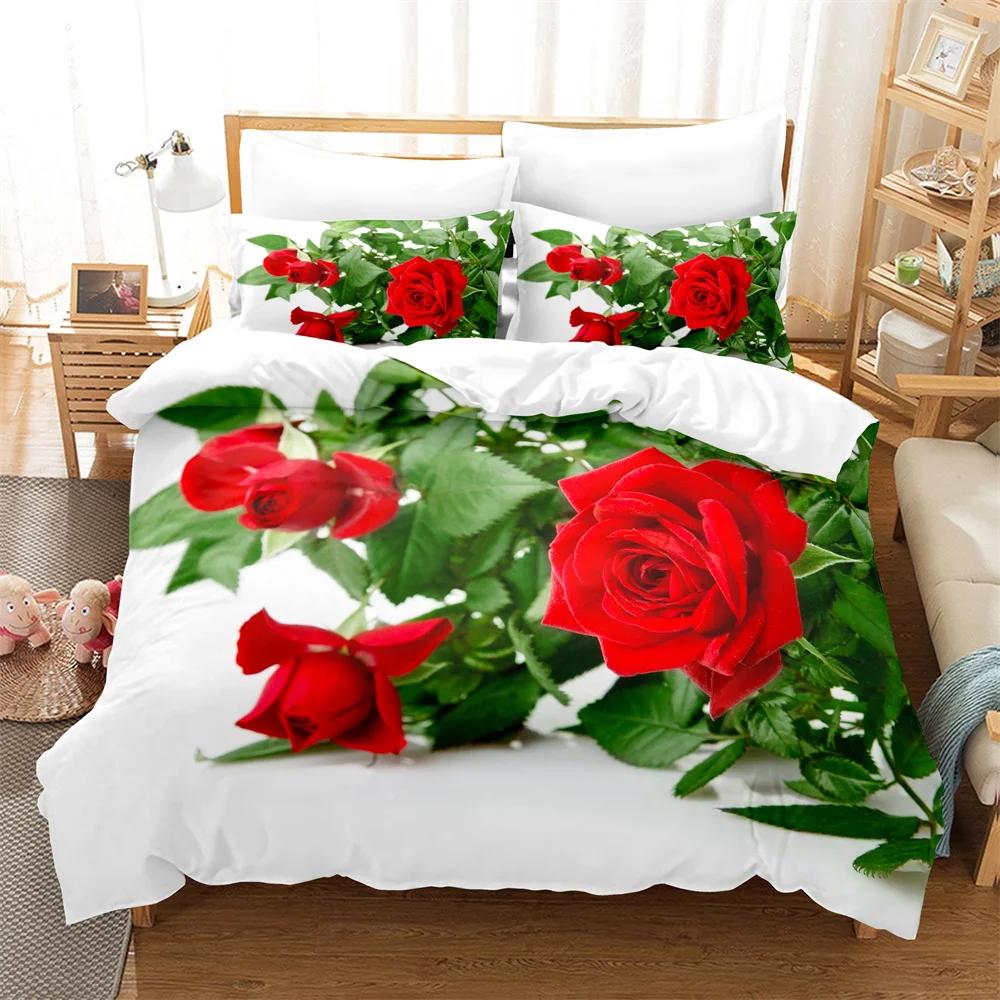 Comforter Rose Flower Bedding Set 4Pcs Pink Red 200X230 For Double Bed 3D Bedsheet 230X230 Full Size Thin Fabric