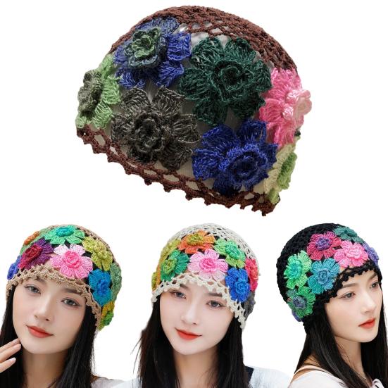 Женская шапка с ручным управлением, красочная вязаная крючком с цветочным узором, эластичная, мягкая, дышащая, легкая, солнцезащитная, мягкая дорожная шапка без полей, уличная шапка
