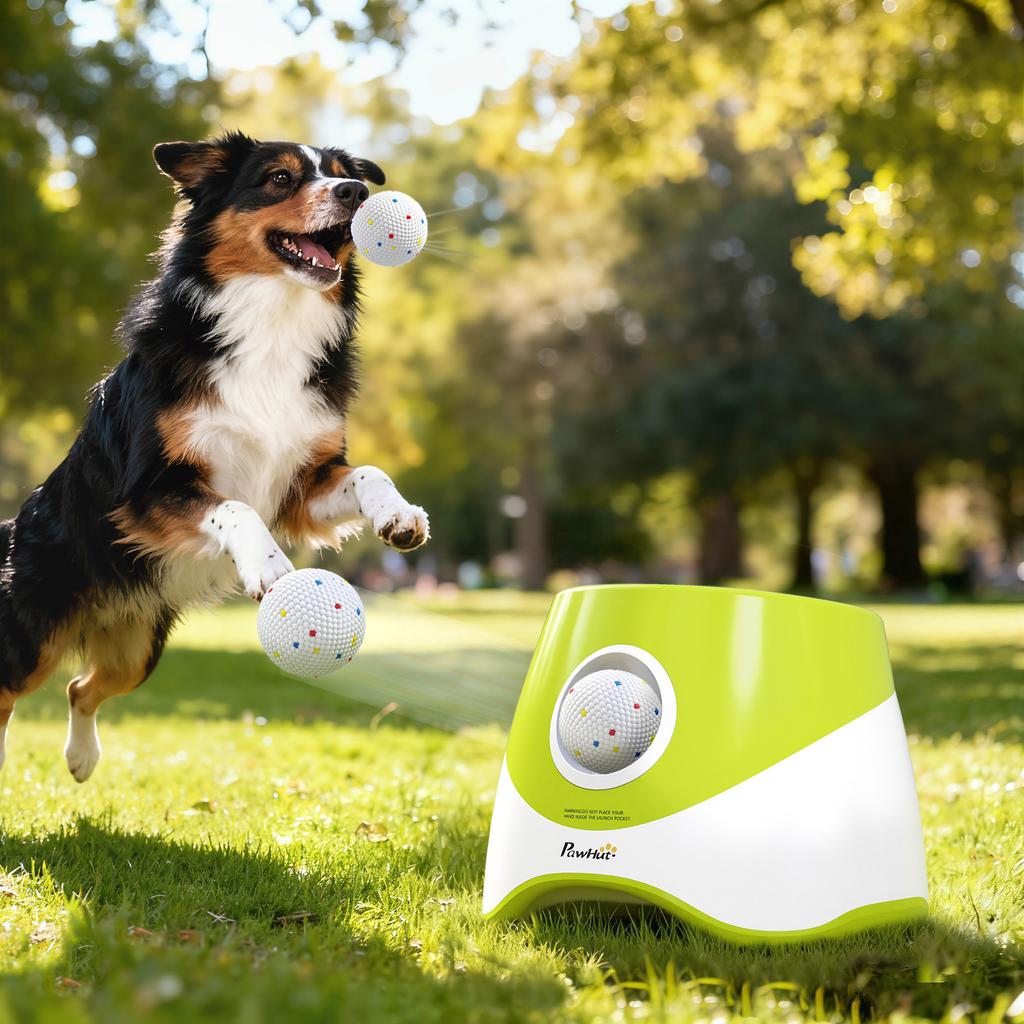 Automatic Dog Ball Launcher With 5 Etpu Balls 2.3 Inch 3 Distance Settings 20 33 46 Ft Green