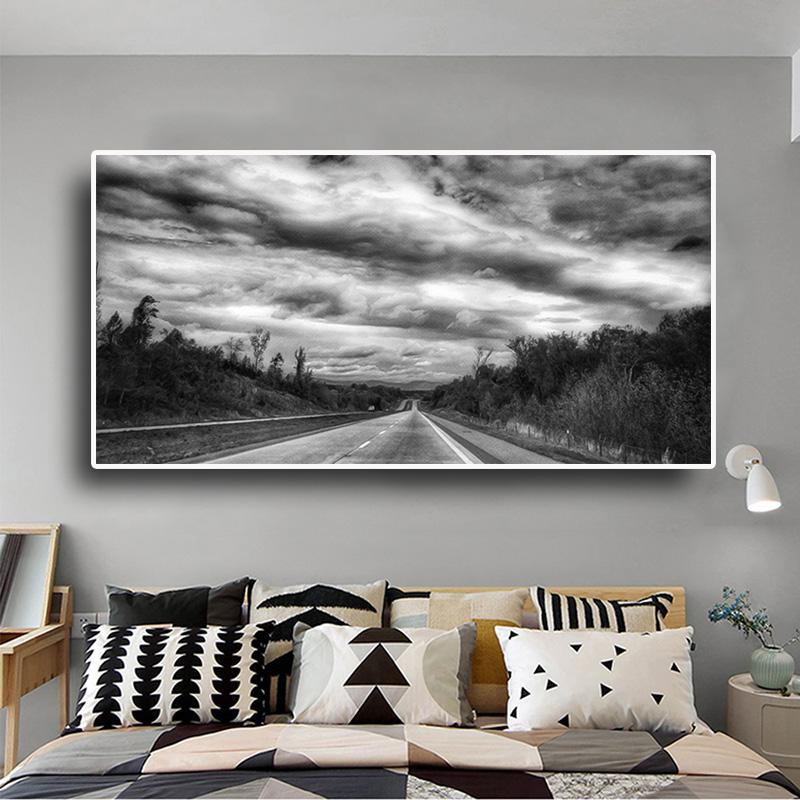 Nordic Forest Black and White Highway Posters and Prints Landscape Canvas Painting Scandinavian Wall Art Picture for Living Room
