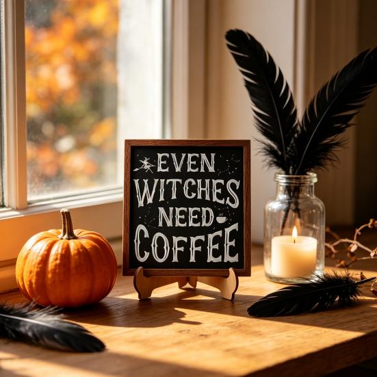Holiday Atmosphere Home Decor Halloween Wooden Coffee Photo Frame, Retro Distressed Sign for Decorative Holder Countertop Decor, Rustic Autumn
