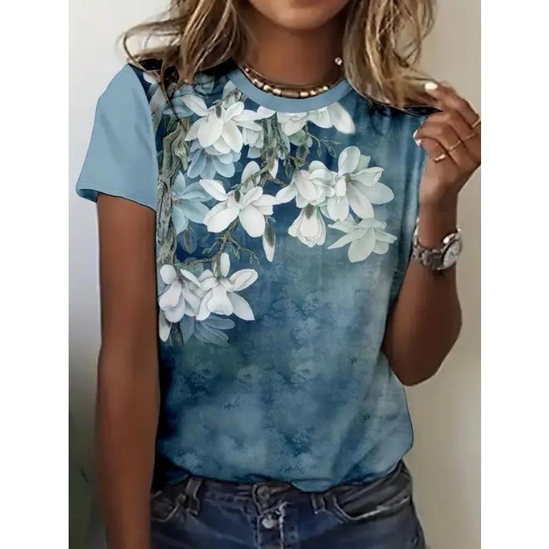 Women's Summer Temperament Elegant Round Neck Pullover Short Sleeved Plant Floral Print T-Shirt