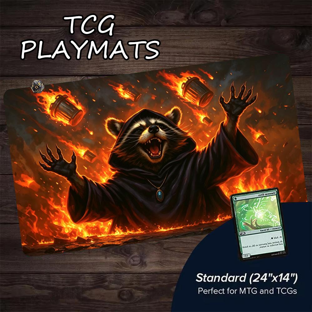 Raccoon Sorcerer TCG Playmat Fiery Burning Trash Can Play Mat 600X350 Non‑Slip Rubber Mousepad for MTG DND CCG Trading Card Game