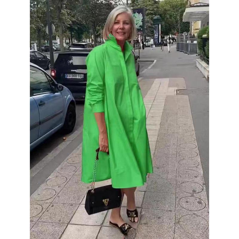 Women's Solid Color Long Sleeve Lapel Simple Loose Shirt Dress