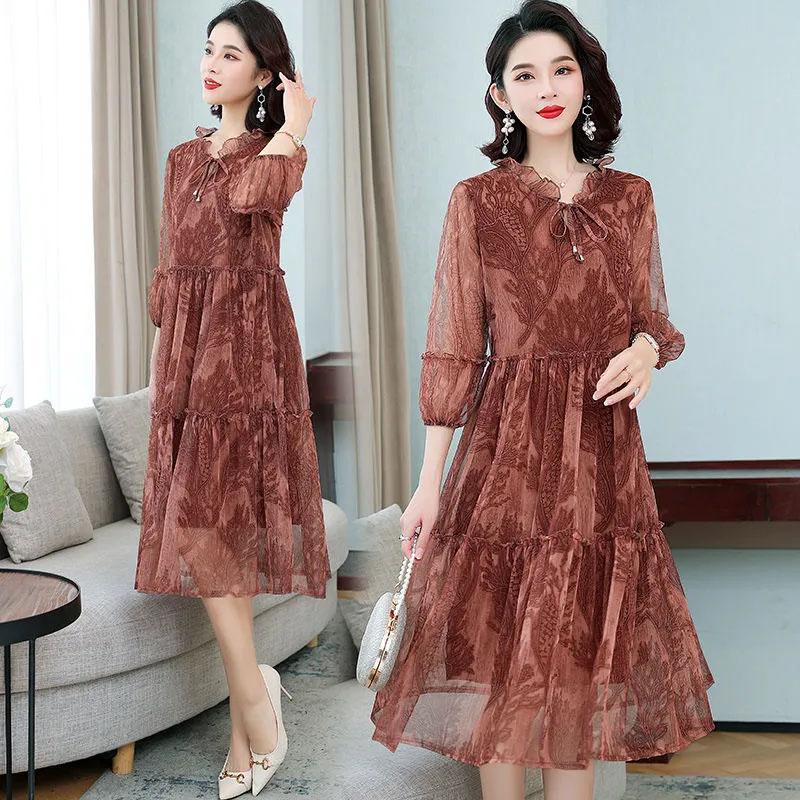 Женское летнее шифоновое платье больших размеров с принтом, свободное сетчатое платье трапециевидной формы