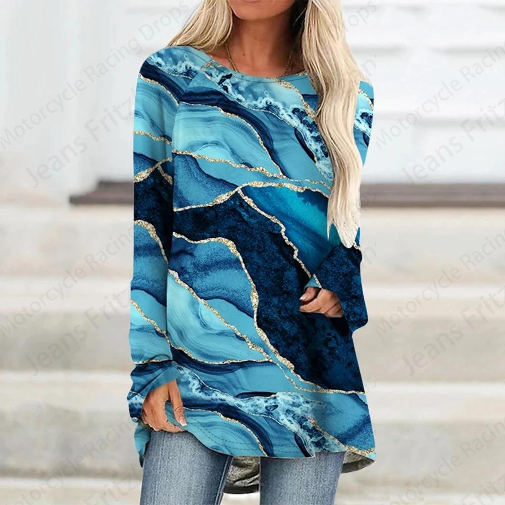 Футболки с длинным рукавом с принтом Marble 3D, женские модные футболки, женские топы, футболки, женские туники, топы, женская одежда, повседневные майки