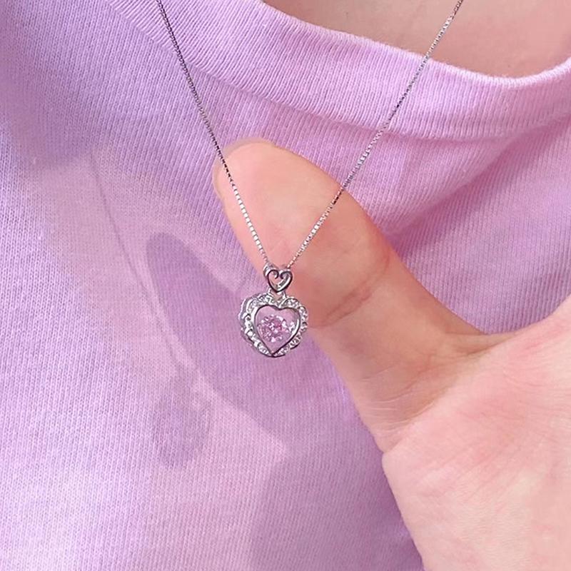 Pink Diamond Heart Necklace, Sparkling Crystal Love Pendant Necklace For Women Fashion Jewelry Gift