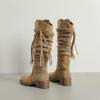 Ботинки женские ретро с бахромой плетеные рыцарские ботинки пустоши 2025 осень и зима новые толстый каблук плиссированные тонкие ботинки длинный голенище