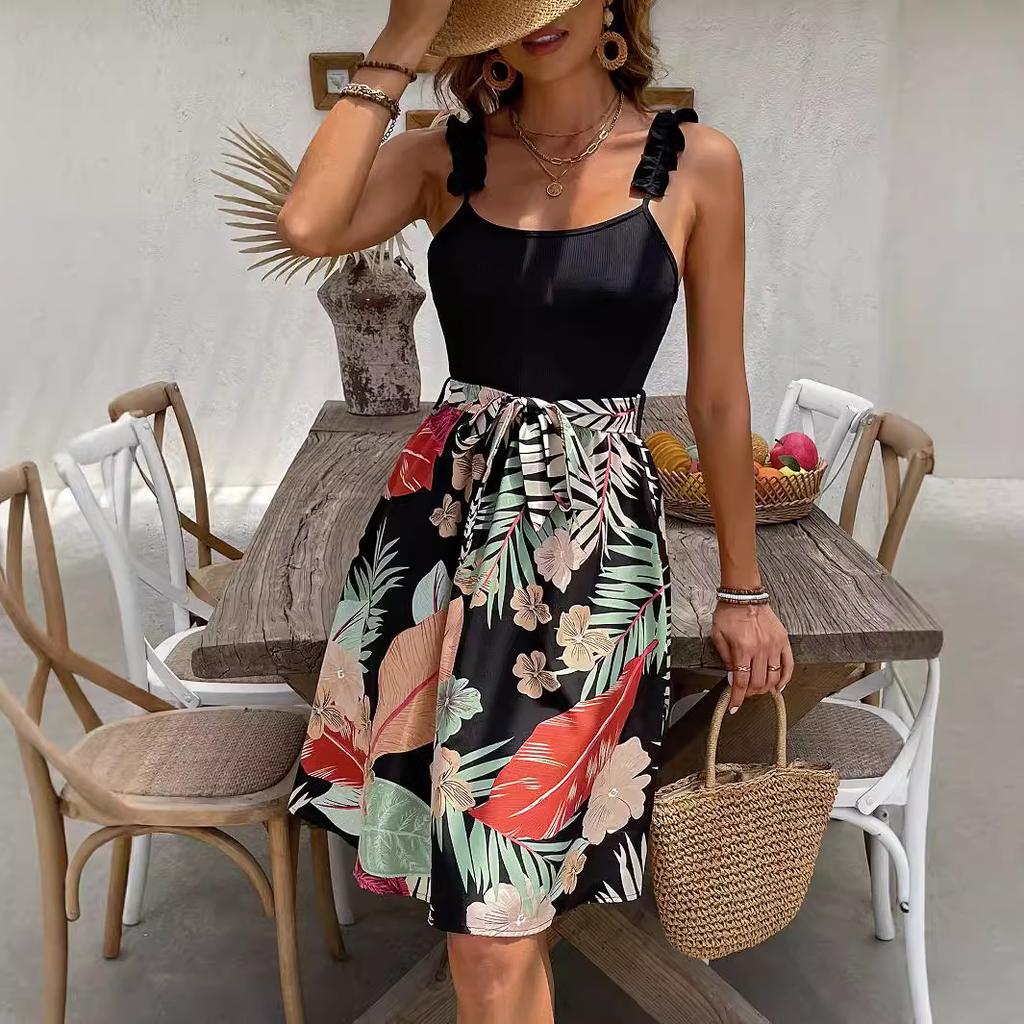 Женское летнее повседневное платье без рукавов с принтом в виде цветных листьев длиной до колена