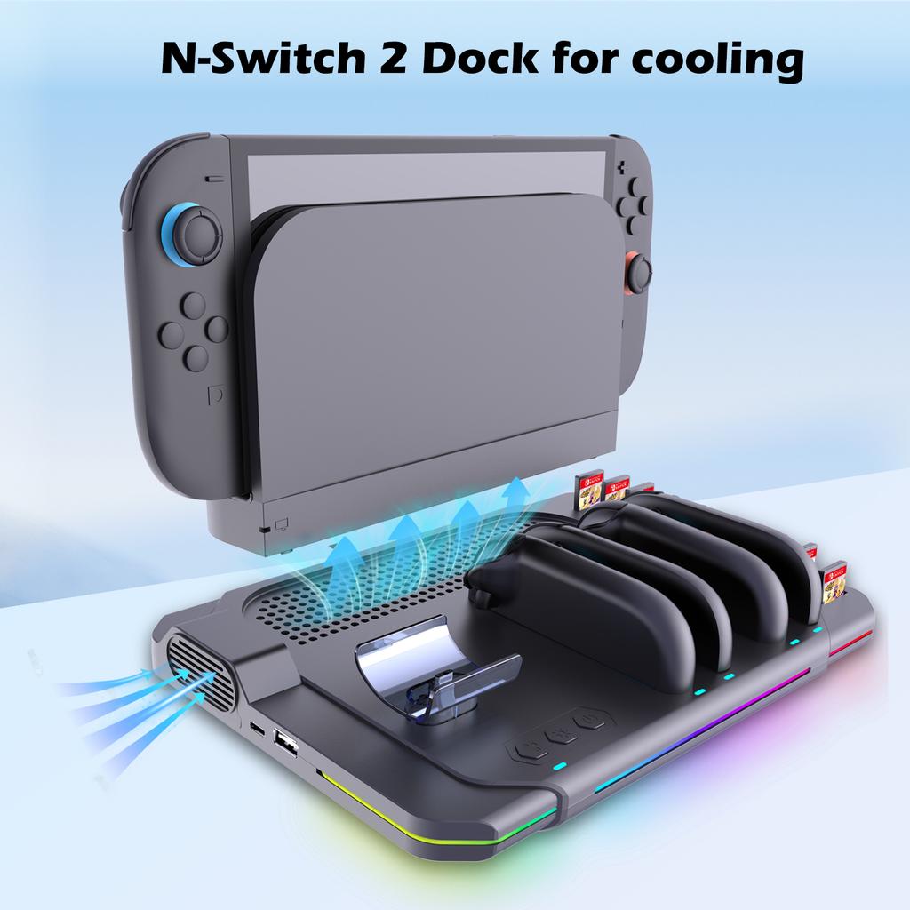 Многофункциональная подставка для охлаждения и зарядки для Switch 2 с охлаждающим вентилятором, 10 слотами для игровых карт и 9 регулируемыми световыми эффектами