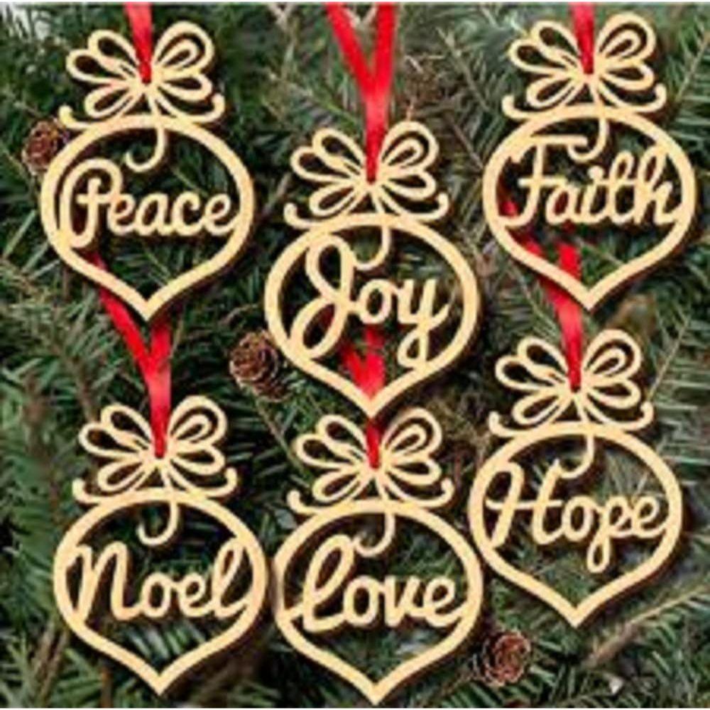Christmas Hanging Ornaments Wooden Cutouts Faith Joy Hope Love Peace Noel, Set of 6 | Christmas Tree Decoration Items | Xmas Decorations Items Props