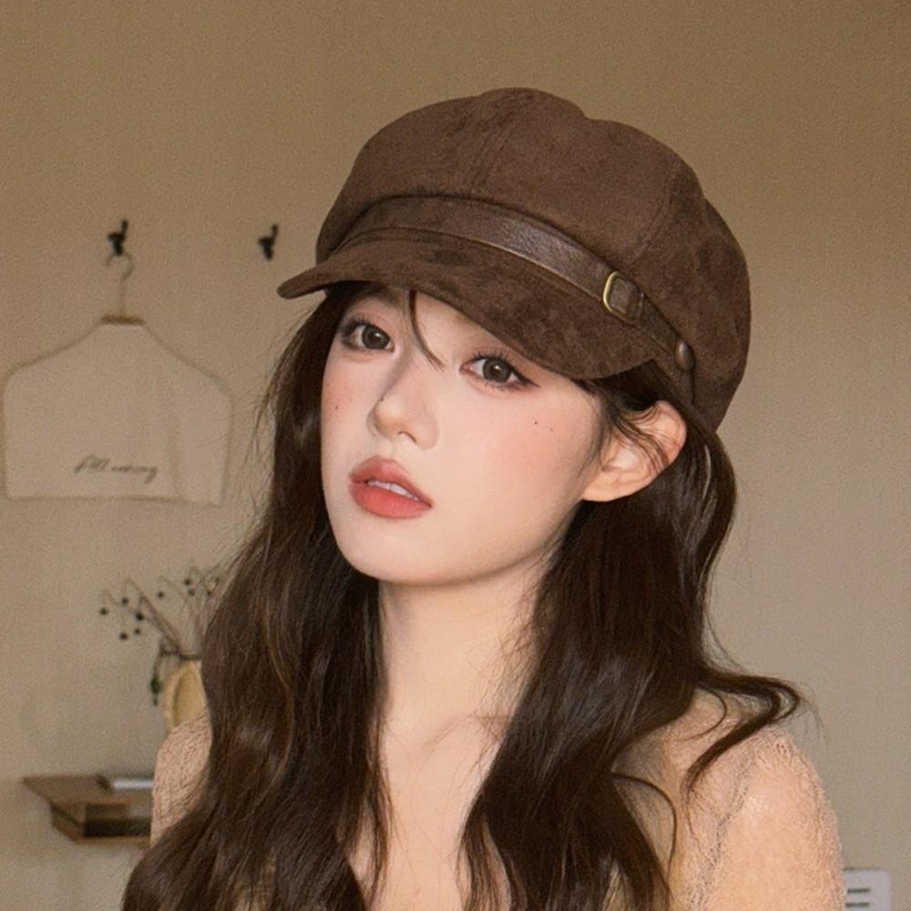 Warm Newsboy Hat Flat Top Women Octagonal Hat Casual Suede Berets Autumn Winter