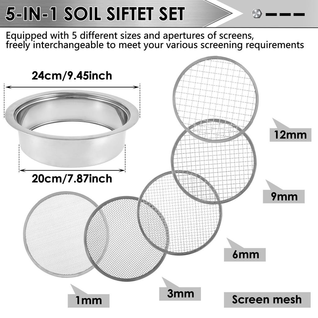 Soil Sieve Set with 9.45inch Diameter 5 Grid Sizes 1/3/6/9/12mm Interchangeable Meshes Stainless Steel Riddle Sieve Set with