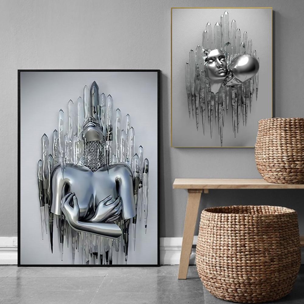 Metal Robot Abstract Art Sculpture Oil Painting Poster Exquisite Light Luxury Erotic Wall Decoration Painting Version
