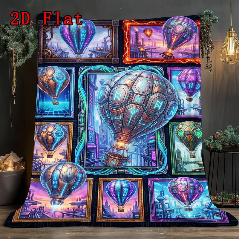 Steampunk Balloon Fantasia 2D Flat Pattern Flannel Blanket, High quality All Seasons, Home Decor, Warmth and Comfort, Perfect for Christmas Gifts.