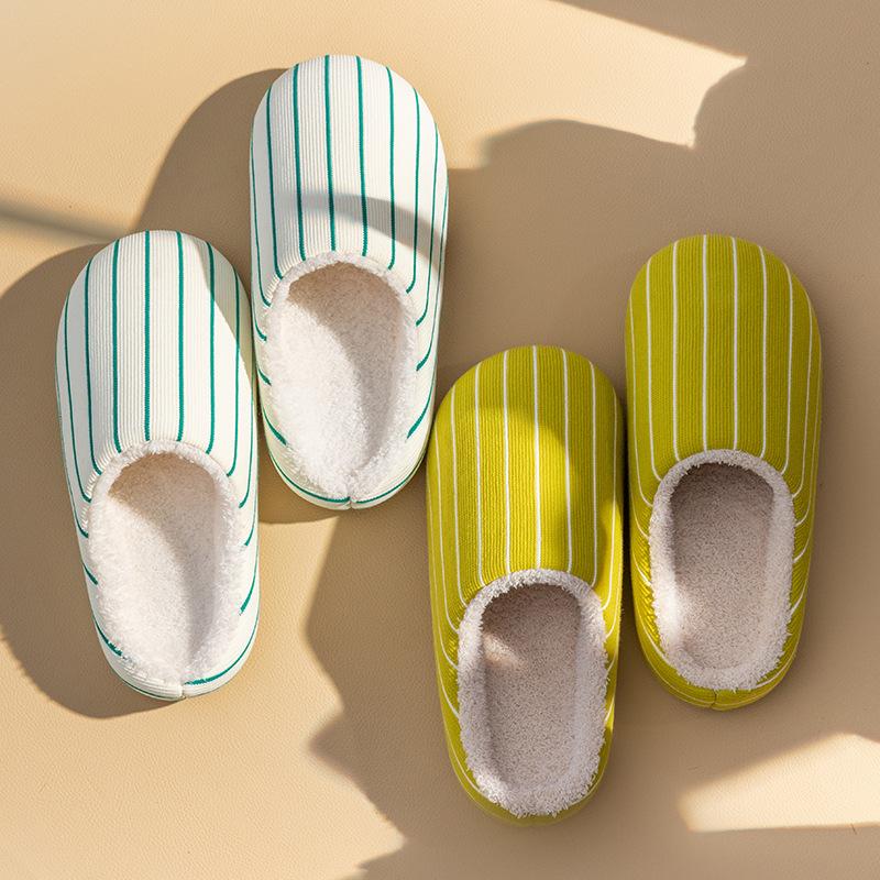 Зимние полосатые теплые хлопковые тапочки для дома, комнатные, с толстым плюшем, нескользящие, бесшумные