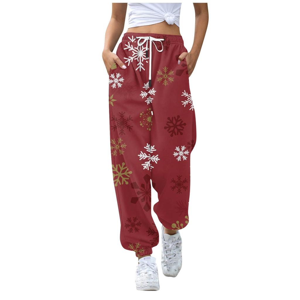 Женские повседневные брюки для отдыха с рождественским принтом, спортивные брюки, брюки с эластичной резинкой на талии, брюки с завязками на шнурке