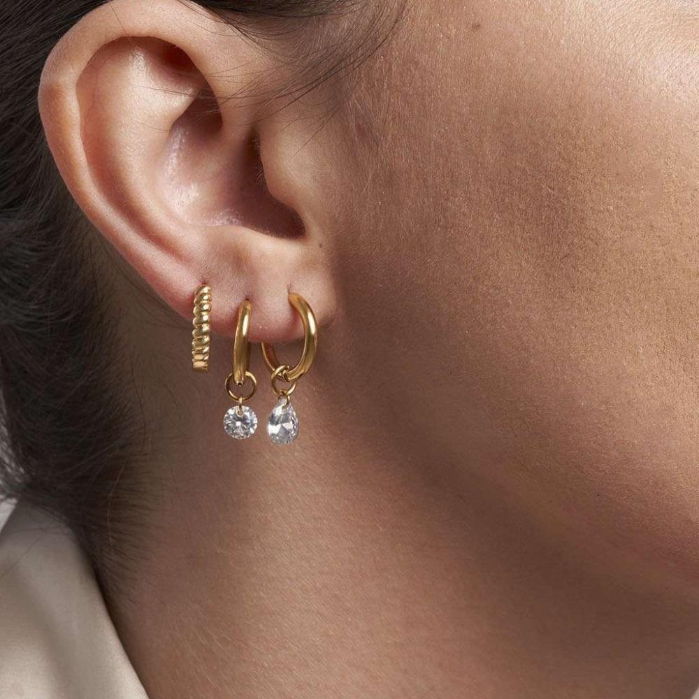 Hip-hop Personality Shiny Teardrop-shaped Zircon Pendant Gold Color Stainless Steel Hoop Earrings for Women Fashion Jewelry Gift