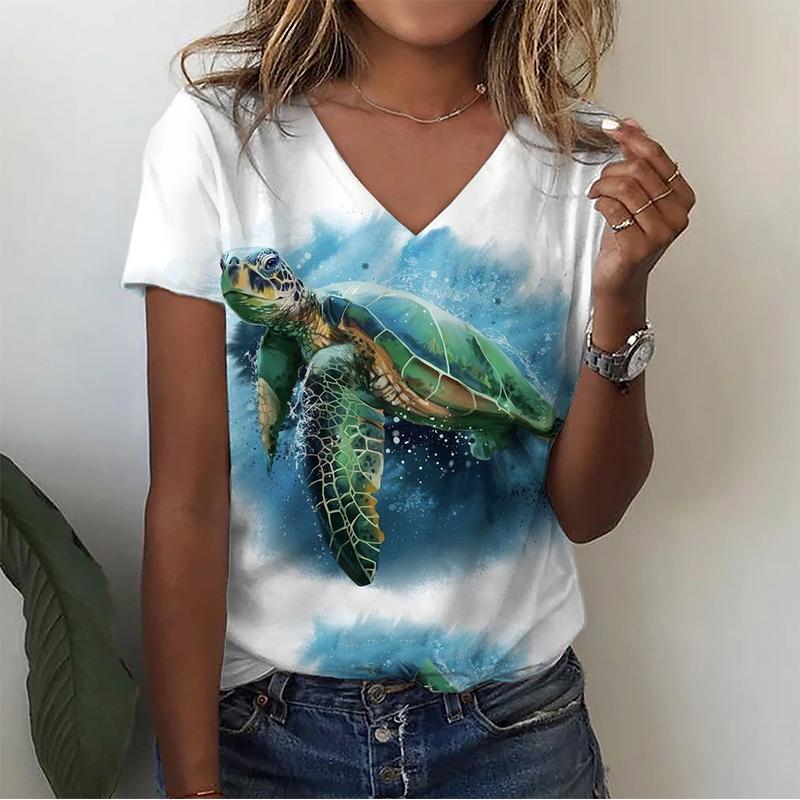 Summer V-neck 3D Infauna Printed Top Fashionable Casual Short Sleeved Women's T-shirts
