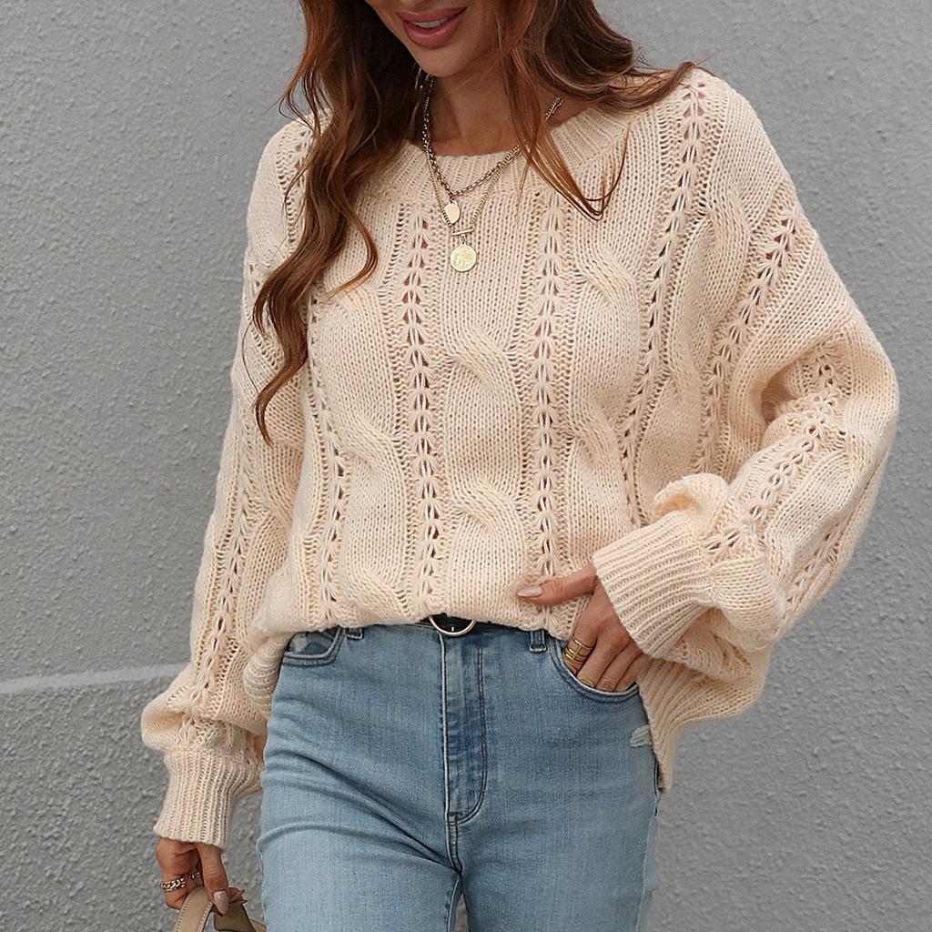 Женский И Зимний Однотонный Вязаный Свитер-Пуловер с Круглым Вырезом и Длинным Рукавом