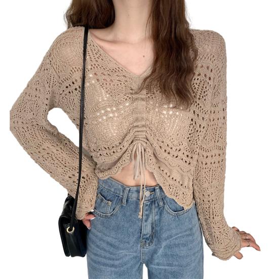 Women Cover Up Tops V-Neck Drawstring Design Long Sleeve Pullover Tops Solid Color Loose Fit Hollow Design Sunscreen Cover Up