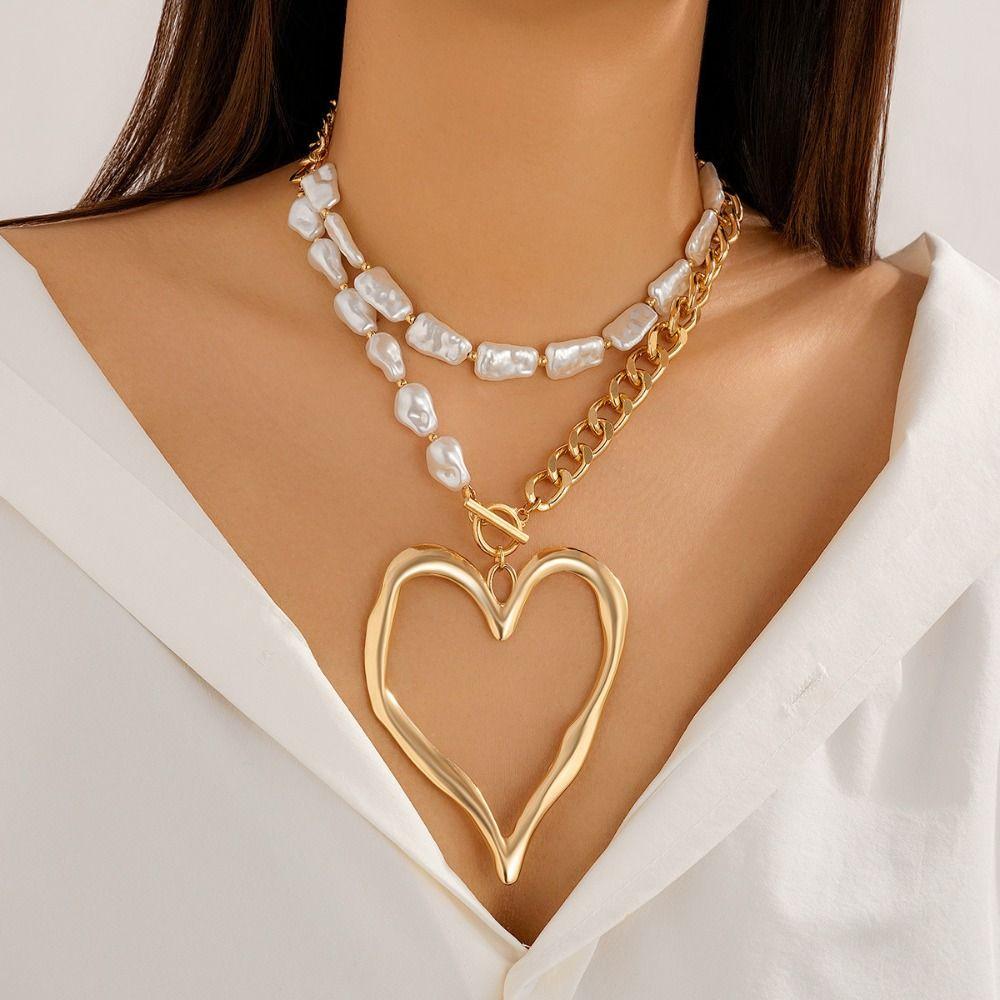 Exaggerated Size Heart Pendant Necklace Big Love Multilayer Pearl Necklace  Date Night