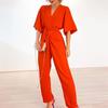 Summer Women's Solid Color Loose Large Size V-Neck Short Sleeve Tie Rope Straight Jumpsuit