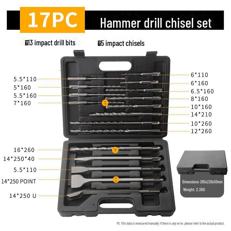 Набор из 17 ударных дрелей с круглой ручкой и зубил с пластиковым футляром для бетона, плоских и точечных зубил