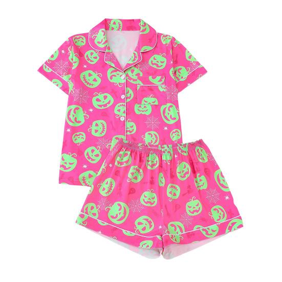 Комплект женской пижамы на Хэллоуин с принтом призрака и тыквы, рубашки с коротким рукавом на пуговицах и шорты, комплект одежды для сна из 2 предметов, домашняя одежда, короткий комплект пижамы