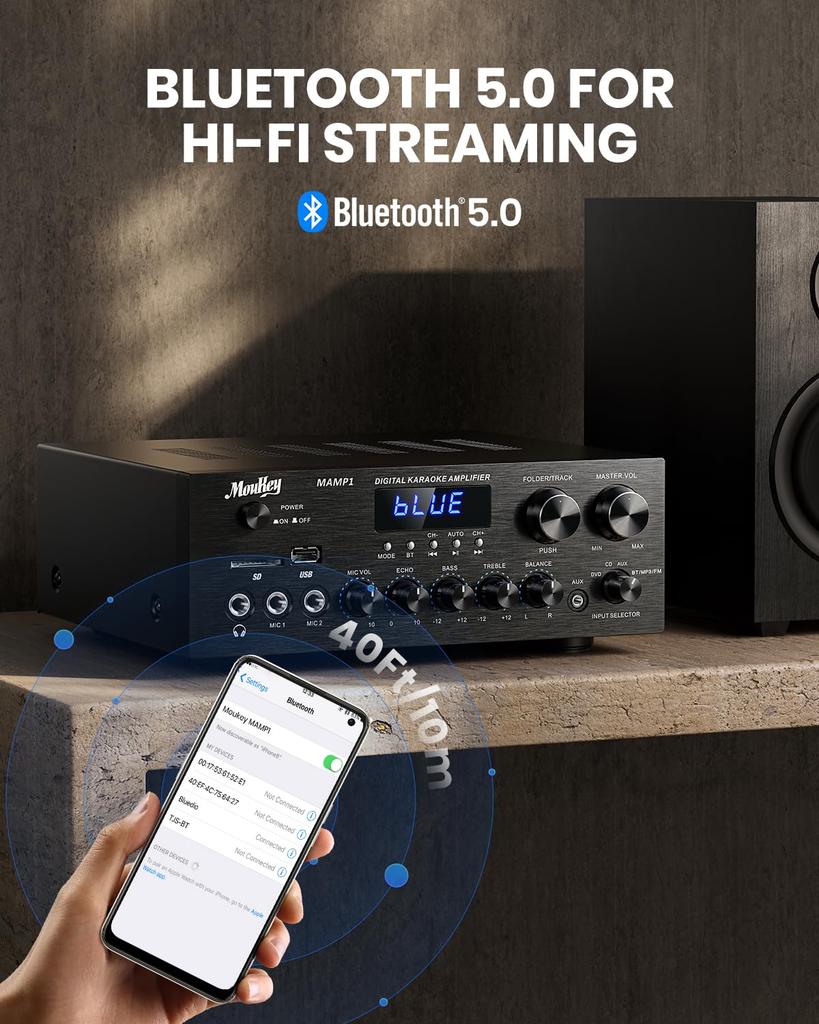 Moukey MAMP1 Power Amplifier System with Microphone 220W Bluetooth Dual Channel Sound Audio Stereo Receiver with MIC LCD for Home Theater