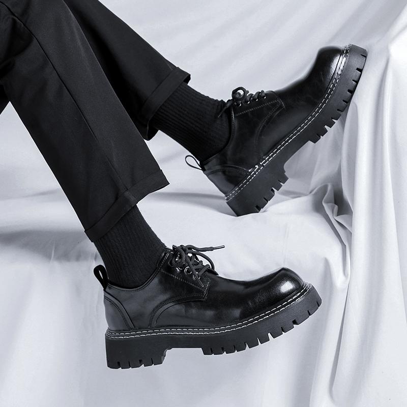 Fashion Derby Shoes Men PU Thick Soled Round Toe Workwear Large Toe Leather Shoes Sturdy Sewn Comfortable Non Slip Men Shoes