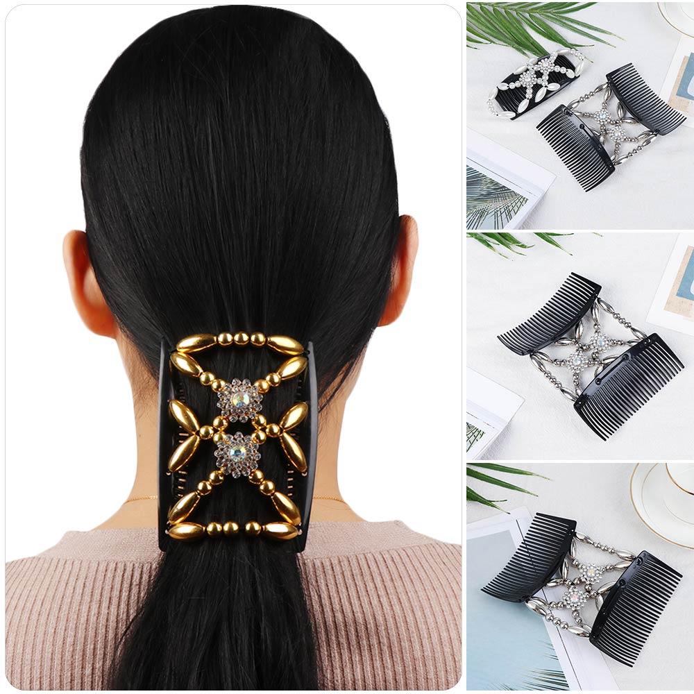 DIY Flower Crystal Bun Maker Stretch Double Comb Beaded Hair Clip Elastic Hairpin Magic Hair Comb