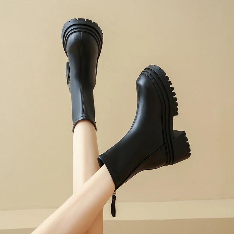 Мода 2024 Обувь высокого качества Женские ботинки на молнии Осень Зима Круглый носок Однотонные Короткое голенище Низкий каблук Большой размер Ботинки челси