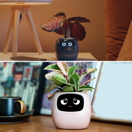 Умный цветочный горшок с выражениями AI Умный плантатор Робот Виртуальный питомец Умный цветочный горшок с 7 датчиками Время Температура Дисплей для садоводства Внутренний декор
