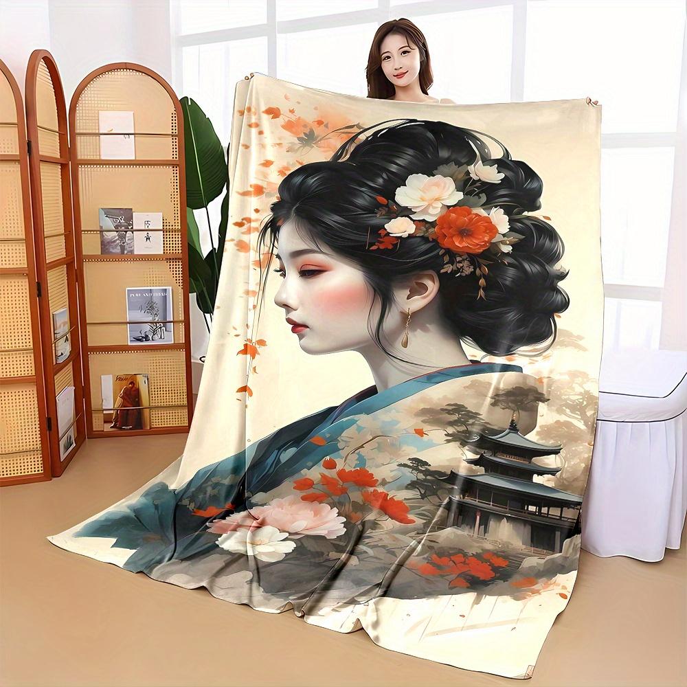 Japanese Geisha Print Flannel Throw - Elegant Reversible, Cozy Warm All-Season for Bed, Sofa, Camping, Travel, Artistic Gift