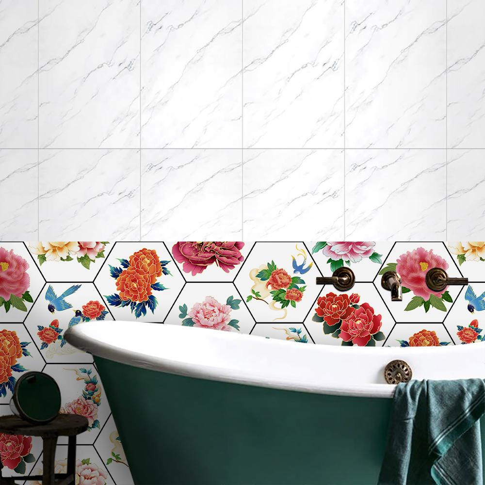 10 шт. цветы пиона шестиугольная плитка напольная наклейка на стену кухня ванная комната спальня домашний декор пилинг и; Водонепроницаемые художественные наклейки на стены