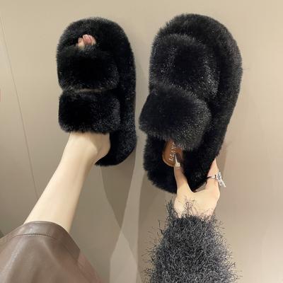 Маленькие пушистые тапочки на толстой подошве для женщин, которые можно носить на улице осенью и зимой, симпатичные высокие каблуки, нескользящие, для дома и офиса, из бархата и хлопка.