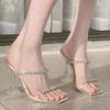 One Word with Transparent High Heels Thick Heel 2025 New Crystal Cool Slippers Outer Wear Women's Summer Silver Rhinestone Sandals Women