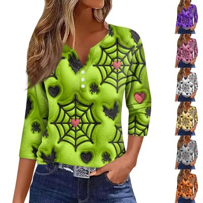 Женская футболка с V-образным вырезом на пуговицах, с рукавом три четверти, на Хэллоуин