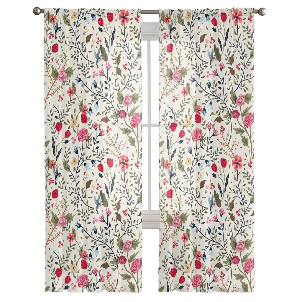 Разноцветные цветы, листья, ветки, растения, тюлевые оконные шторы для гостиной, прозрачная вуаль из органзы, занавеска для спальни, кухни, домашний декор