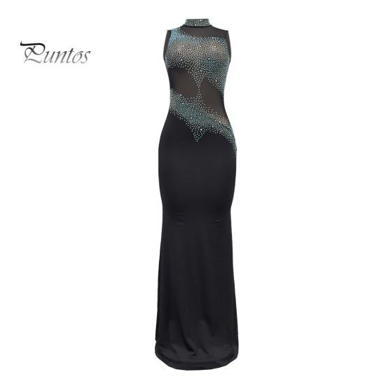 Женское вечернее платье со стразами, сетка в стиле пэчворк, без рукавов, облегающее, с круглым вырезом, свадебное, вечернее, макси-платье для выпускного вечера, официального банкета