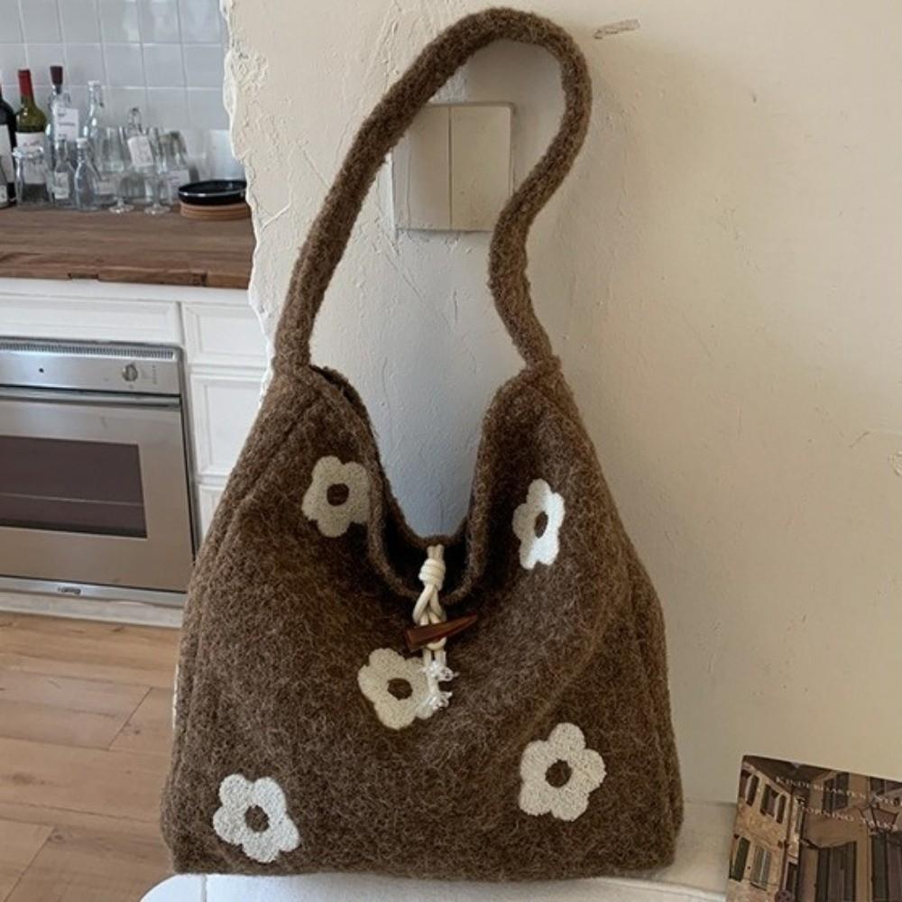 Large Capacity Plush Tote Bag Soft Polyester Lining Floral Handle Bag Underarm Bag Ladies Purse