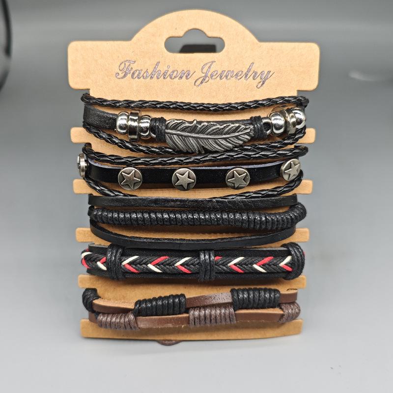 Набор кожаных браслетов с регулируемым шнурком, подвесками-перьями и листьями – Винтажный сплав, Звезда, Плетеная коллекция из 5 предметов